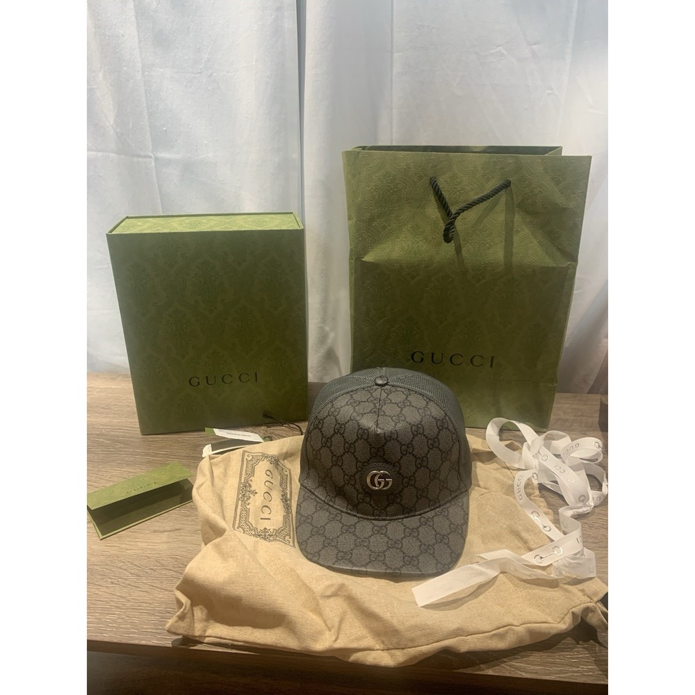 Gucci Hat Cap Mens 2XL 61 CM Strap Back Gray GG Supreme Baseball Monogram Mesh